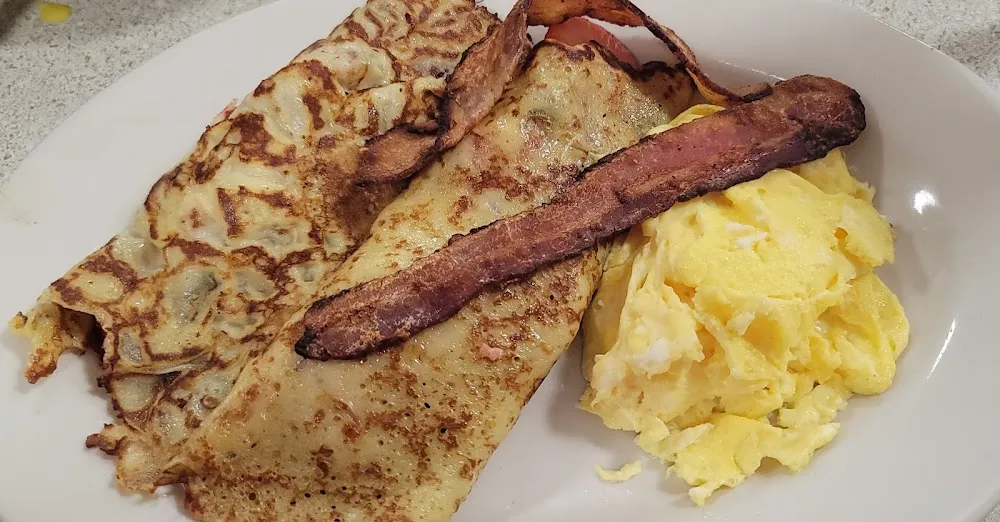 Fruit Crapes with Scrambled Eggs and Bacon